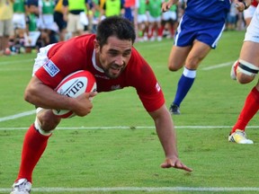 Phil Mack, (not) scoring his non-try v the USA in the first leg of their Rugby World Cup 2015 qualifying series in Charleston, South Carolina on August 17, 2013, was clearly man of the match. THE CANADIAN PRESS/HO-Rugby Canada-Melissa Grebbings