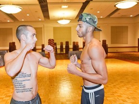 Russ Lavery and Marcus Sandhu (right) put their dukes up at Thursday's weigh-in for their WBC Canadian Championship bout. Photos: Hassan Behgouei.