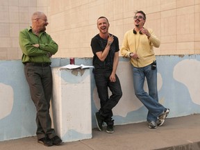 Actors Bryan Cranston and Aaron Paul with Vince Gilligan on the Breaking Bad set.