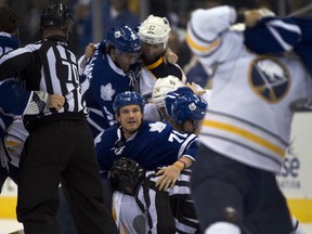 David Clarkson of the Toronto Maple Leafs looks up during a brawl Sept. 22, 2013. CP photo.