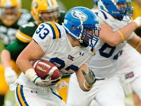 UBC running back Brandon Deschamps set a personal single-game rushing high, carrying 28 times for 217 yards and two touchdowns as the Thunderbirds rallied from a 27-point deficit to stun the host Alberta Golden Bears 39-36 in overtime Saturday night in Edmonton. (Photo -- Uwe Welz, University of Alberta)