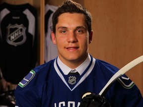 First-round 2013 draft pick Bo Horvat was returned to the OHL on Sunday. Hunter Shinkaruk was awaiting his roster fate on the same day. (Getty Images via National Hockey League).