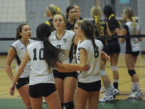 Angelica Kilberg (No. 7, centre) and the rest of the youthful Earl Marriott Mariners of Surrey will be one of the teams to beat this season in B.C. senior girls Quad A volleyball. They will be among a field of 48 teams taking part Friday and Saturday at the UBC Mizuno Invitational. (Jason Payne, PNG file photo)