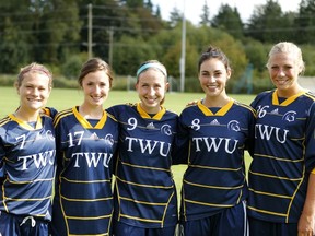 Four seasons after they came to the Trinity Western soccer team as rookies in 2009, (left  to right) Alicia Tesan, Caitlin Haines, Natalie Boyd, Colleen Webber and Kristen Santema sport the smiles of a veteran group looking to repeat as CIS national champions in 2013. (Scott Stewart, Trinity Western athletics)