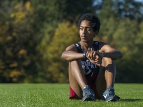 Kwantlen Park Secondary's Michael Abraha pictured in his element, on one of the grass fields at the Surrey-based high school (Photo by Arlen Redekop, PNG)