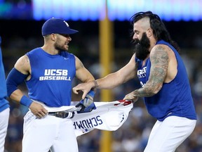 Brian Wilson and Skip Schumaker of the Los Angeles Dodgers.