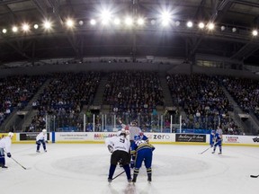 UBC, before a sell-out crowd of over 5,000, played host to the Bieksa’s Buddies charity game last October during the NHL lockout at its on-campus Doug Mitchell Thunderbird Sports Centre. The school is looking to make the facility basketball-friendly as well, putting in a bid to host the CIS men’s Final 8 national tournament in 2015 and ’16. (Photo – Bob Frid, UBC athletics)