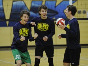 Twin brothers Gabriel (left) and Ethan Freund, along with fellow teammate Mitch Jesson, have Steveston London volleyball sitting top four in B.C. Triple A ranks. (PNG photo by Mark van Manen)