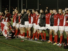 Canada A line up at the post-tournament ceremony. The home team finished third. (Patrick Johnston photo)