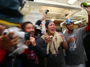 Boston Red Sox reliever Koji Uehara celebrates on Oct. 30, 2013.