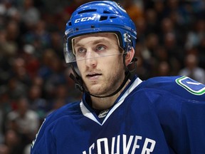 After offseason shoulder surgery and a fractured foot, centre Jordan Schroeder is close to playing again for the Vancouver Canucks. (Getty Images via National Hockey League).