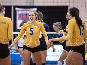 UBC middle blocker Mariah Bruinsma (centre) celebrates a point with her teammates Saturday as the six-time defending CIS champion Thunderbirds completed a weekend sweep of the No. 2-ranked Trinity Western Spartans at War Memorial Gymnasium. (Richard Lam, UBC athletics)