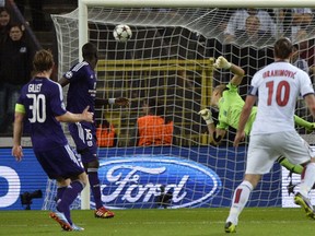 Zlatan Ibrahimovic scores for Paris Saint-Germain in Champions League play against Anderlecht on Oct. 23, 2013. Getty Images photo.