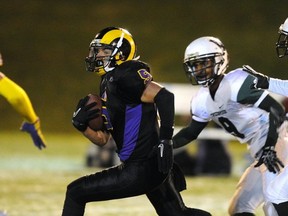 Marcus Davis of the Mt. Douglas Rams on his way to scoring a 49-yard touchdown Saturday in a win over Lord Tweedsmuir. (Nick Procaylo, PNG)