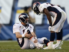 Peyton Manning was injured Sunday when he was hammered by a San Diego Charger.