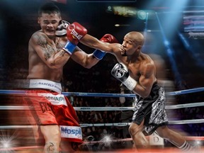 A photo-shopped image of Floyd Mayweather landing a straight right hand on WBA welterweight champion Marcos Maidana was one of three images posted by Mayweather on his social media account Christmas day.