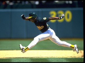 17 APR 1994:  RICKEY HENDERSON, OUTFIELDER FOR THE OAKLAND A''S, RUNS THE BASES DURING THEIR GAME AGAINST THE MINNESOTA TWINS AT THE OAKLAND COLISEUM IN OAKLAND, CALIFORNIA.  MANDATORY CREDIT: OTTO GREULE/ALLSPORT.