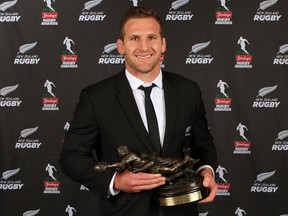 AUCKLAND, NEW ZEALAND - DECEMBER 05: All Black Kieran Read wins the Kelvin R Tremain Memorial Player of the Year during the 2013 Steinlager Rugby Awards at SkyCity Convention Centre on December 5, 2013 in Auckland, New Zealand. (Photo by Fiona Goodall/Getty Images)