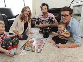 Coco Harrison-Clarke, Leila Harrison, David Milchard and Matt Clarke with Shepherd Harrison-Clarke take a break from filming at the Harrison-Clarke home in Port Moody. (Photo by Jason Payne/ PNG)