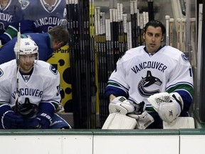 The Vancouver Canucks' Jannik Hansen and Roberto Luongo in the third period against the Dallas Stars on Dec. 19, 2013. AP photo.