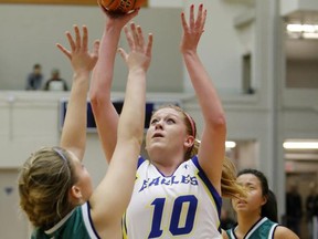 Taylor Claggett (10) of the MEI Eagles had an impressive double-double in her team's TBI victory over Riverside on Sunday at the LEC. (Scott Stewart, Trinity Western athletics(