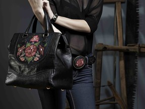 Black leather bag and belt with embroidery from the Mexican Roots collection typifies the hand craftsmanship of the Cuadra brand.