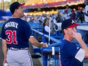 9 Sep 1997:  Tom Glavine and Greg Maddux of the Atlanta Braves during the Braves 4-3 win over the Los Angeles Dodgers at Dodger Stadium in Los Angeles, California.  Harry How  /Allsport