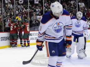 Ben Scrivens of the Edmonton Oilers after the Minnesota Wild score a goal. Getty Images photo.