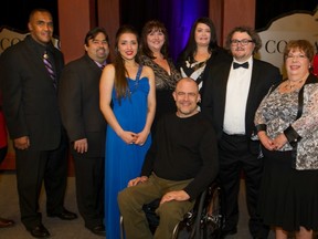 Six B.C. individuals whose lives define courage were honoured at the 15th annual Courage to Come Back Awards Gala in April 2013 at the Vancouver Convention Centre. The awards, handed out by Coast Mental Health, go to those who have not only overcome extreme difficulties and challenges in their personal lives, but have also helped to inspire and encourage those around them. Among the winners were (from left) Curtis Miller Joe in the social adversity category; Tony, Sadie and Darlene Lourenco accepting the youth award for Lindsey Lourenco, who died after a long battle with leukemia only days before being named a winner; James Sanders, for physical rehabilitation; Thea Cunningham for addiction; Andy Fiore for mental health; and, Cindy G. Lee for in the medical category. (Steve Bosch/PNG FILES)