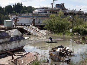 A worker walks among the debris of a salvage yard along the Fraser River in Silverdale, just west of Mission in June 2012. Interim B.C. Green Party leader Adam Olsen says political leaders need to co-operate to clean up abandoned vessels that litter the B.C. coast. (CANADIAN PRESS FILES)