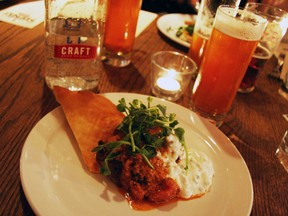 Craft Beer Market Vancouver brewmaster's dinner: Lamb belly rogan josh with lemon and cucumber raita and house-made naan, with Central City Red Racer IPA