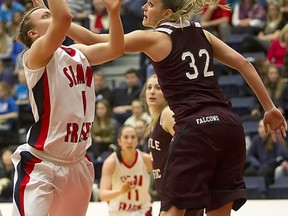Simon Fraser Clan guard Katie Lowen battles Seattle Pacific forward Katie Benson (right) during GNAC women's basketball game Thursday night at SFU. Both players scored 23 points, but Lowen and the Clan won 77-68. (Ron Hole, SFU athletics)