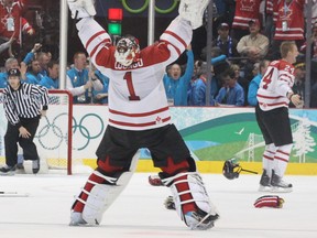 Roberto Luongo celebrates his Olympic gold medal on Feb. 28, 2010.