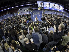 Peyton Manning at Super Bowl media day in Newark, N.J., on Jan. 28, 2014. AP photo.
