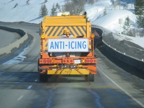 An anti-icing truck spreads beet juice on a B.C. highway.