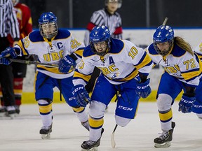 UBC women's hockey team celebrates Sarah Casorso's winning goal late in the third period as Birds beat Calgary on Saturday at The Doug to sweep opening-round series 2-0. (Bob Frid, UBC athletics)