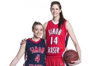 Rebecca Langmead (right), the Simon Fraser Clan’s 6-foot-5 centre, and her teammate, 5-foot-6 point guard Marie-Line Petit, are two of the team’s original class of NCAA recruits who play their final home games Saturday against St. Martin’s University. (Photo by Greg Ehlers, SFU)