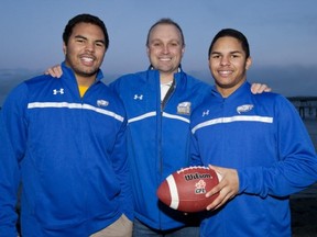 UBC head football coach Shawn Olson was doubly delighted Tuesday in the provincial capital, having recruited both Marcus Davis (right) and his older brother Terrell Davis, to play for the Thunderbirds beginning in the fall. (Kevin Light photo -- Special for The Province)