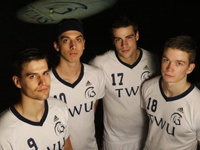 Coming off its first 20-win regular season in school history, the Trinity Western Spartans men's volleyball team, including four former members of The Province's Head of the Class (l-to-r) Brad Kufske, Ryan Sclater, Tyler Heppell and Nick Del Bianco, play host to the Canada West Final Four championships Friday and Saturday at the Langley Events Centre. (Photo -- Scott Stewart, TWU athletics)