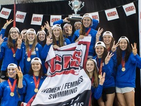 It was three straight CIS national swim titles for the UBC Thunderbirds women team Saturday in Toronto, this time by a CIS record-high margin of victory. (Photo -- Martin Bazyl, University of Toronto)