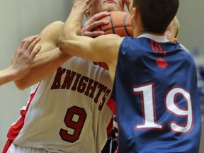 Andrew Golin (left) and the rest of the St. Thomas More Knights face the Sutherland Sabres in Elite 8 action today at the LEC. (Jason Payne, PNG)