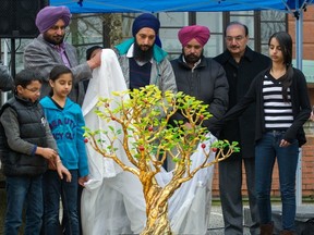 Sukhman Sidhu, 7, and Avnoor Sidhu, 9, (left of tree) and their sister, Avneet, 15, (far right) join their father Jagjeet Sidhu (purple turban at left) and others, including MLA Raj Chouhan (second from right) in unveiling a model of a six-metre-tall tree sculpture to be placed in Abbotsford that will honour their mother Sarbjit, who died with two other female farm workers in the 2007 crash of an overloaded, defective van. (Ric Ernst/PNG FILES)