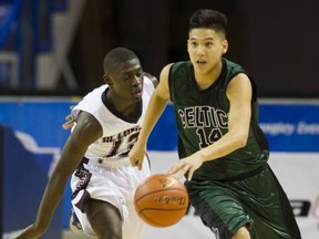 Quintin Onyemordi (left) of BC Christian Academy (left) can't slow St. Pat's Keanu Fernandez during BC Single A boys provincial semifinal Friday at Langley Events Centre. (Gerry Kahrmann, PNG)