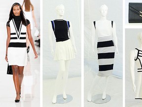 From left: A model wears an athletic-inspired creation by Ralph Lauren during the designer's spring/summer 2014 runway show; Blue and white collared tank top, $39.90 at Zara; White top with black accent, $58 at Plenty and black-and-white striped yoga skirt, $88 at Lululemon; Black clutch, $40 at Aldo; White-and-black Buffalo halter dress, $89 at The Bay.