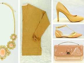 Clockwise from left: Necklace, $11.80 at Forever 21. V-neck sweater, $39.95 at The Gap. Tan heels, $120 at Banana Republic. Pink and gold sandals, $120 at Nine West. Patent purse, $110 at Nine West.
