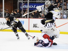 I'm not sure why Marc-Andre Fleury's trying to get away. Cam Atkinson is just trying to give him a couple of 20's.