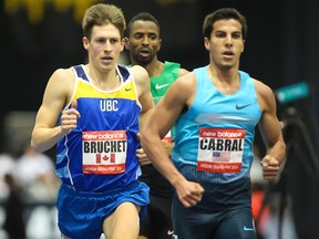 UBC Thunderbirds¹ Luc Bruchet (left), shown racing earlier this year at
the New Balance Indoor Grand Prix in Boston, runs in the final home track
meet of his storied 'Birds career Saturday as UBC hosts SFU in the 12th
annual Achilles Cup Duals. (Photo --  Jack Prior,
newtonsportsphotography.com)