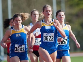 UBC Thunderbirds Rhiannon Evan leads the pack during the 1,500 metres race at the Achilles Cup Dual Meet at Rashpal Dhillon Oval Saturday at UBC. (Richard Lam/UBC Athletics)