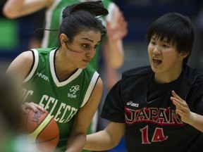BC Selects forward Harleen Sidhu (left) drives past Japan's Risa Nishioka in international women's basketball action Thursday at Langley Events Centre. (Gerry Kahrmann, PNG photo)
