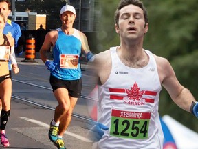 Vancouver's Chris Napier running last year's Toronto Marathon (left, with Natasha Wodak), and running in the St. Paddy's day 5k in Stanley Park in March (right, Rita Ivanauskas photo)
